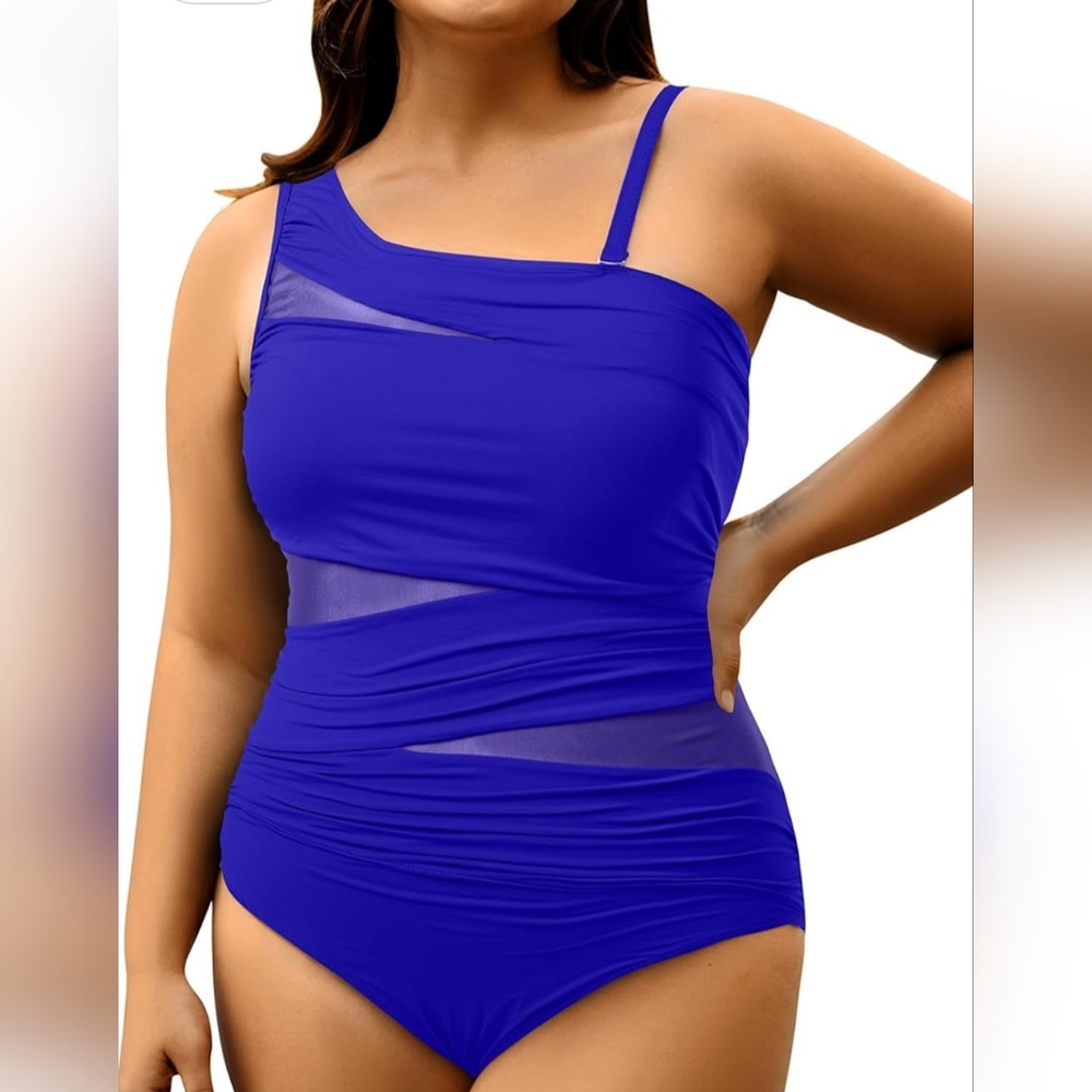 CHIC- Tummy Control Stylish Blue One-Shoulder Swimsuit 18W